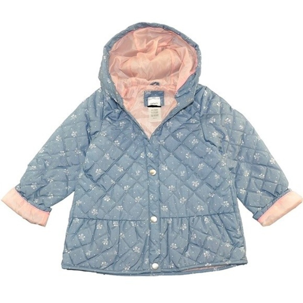 Carters girls Chambray Blue & White Floral Quilted Jacket. Snap close. 18m.
